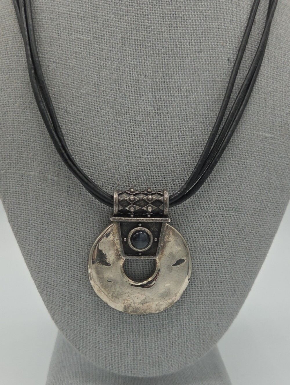 5 for $25! Chico's Multi-Strand Black Cord Necklace Silver-Tone Disc Pendant